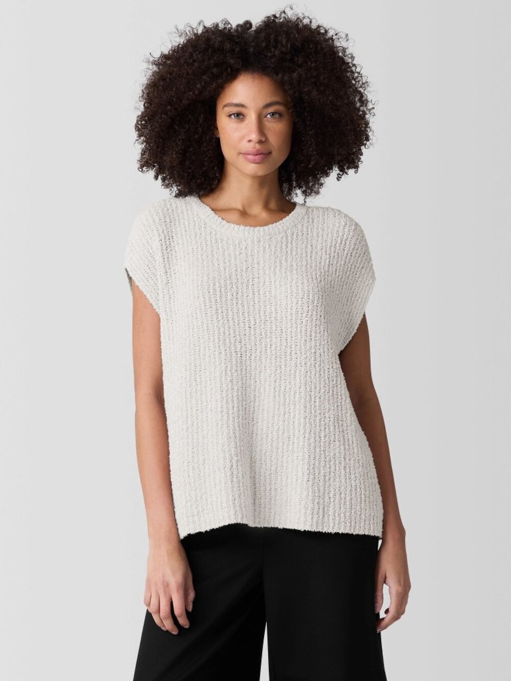 EILEEN FISHER Organic-Cotton Fluff Crewneck Sweater Vest Bone SZ L